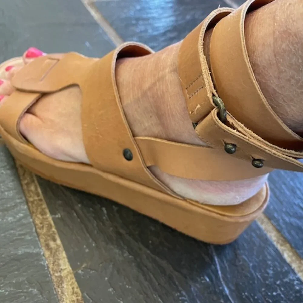 COCLICO Leather Platform Sandals Ankle Leg Wrap Tan Vintage 37